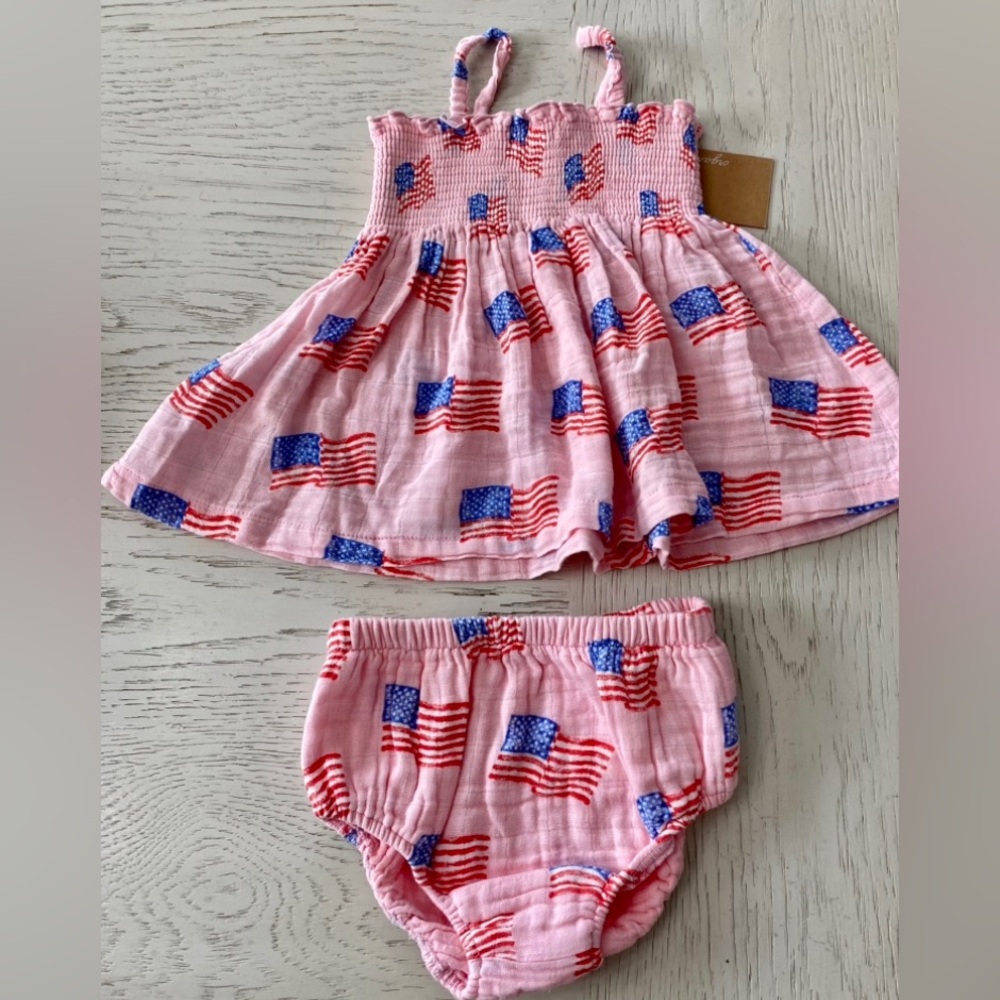 Angel Dear Pink Red White Blue Patriotic American Flag Muslin Short Set 2T - Picture 7 of 7